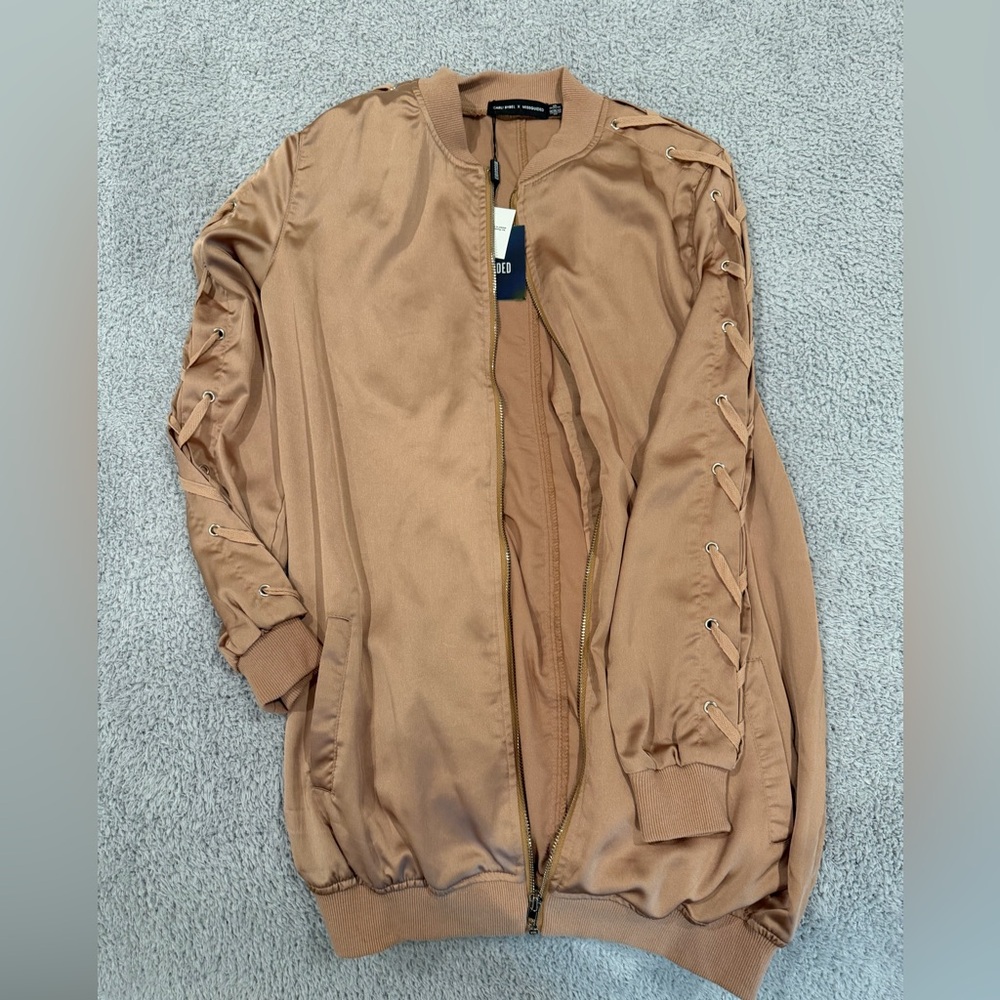 Missguided x Carli Bybel Lace-Up Tan Bomber Jacket